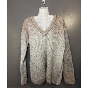 Venus Sweater Womens Medium Beige Gray Ombre Chunky Knit V Neck Cozy Pullover